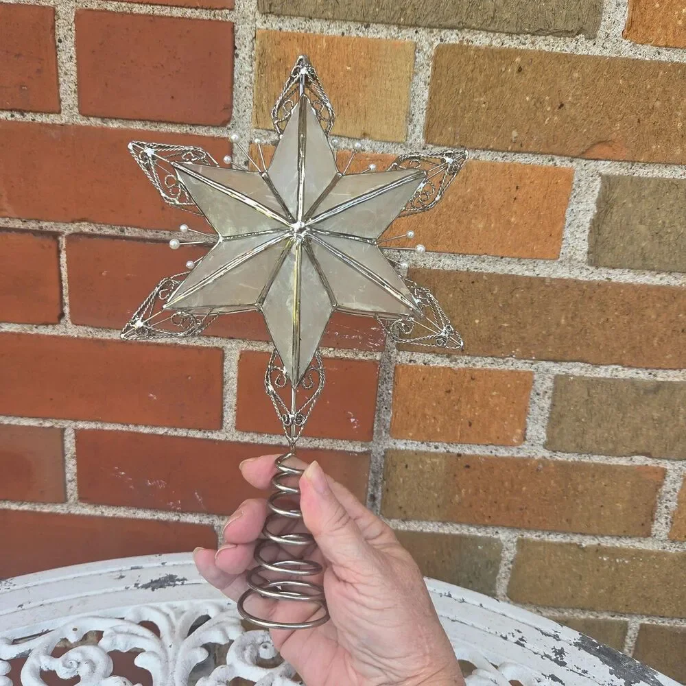 Vintage Capiz Shell Star Christmas Tree Topper Silver Filigree Pearl 11
